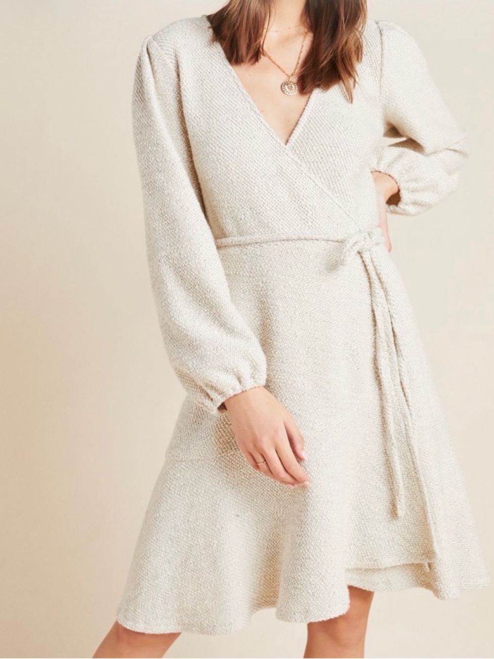 Anthropologie Diana Knit Cream Wrap Midi Dress